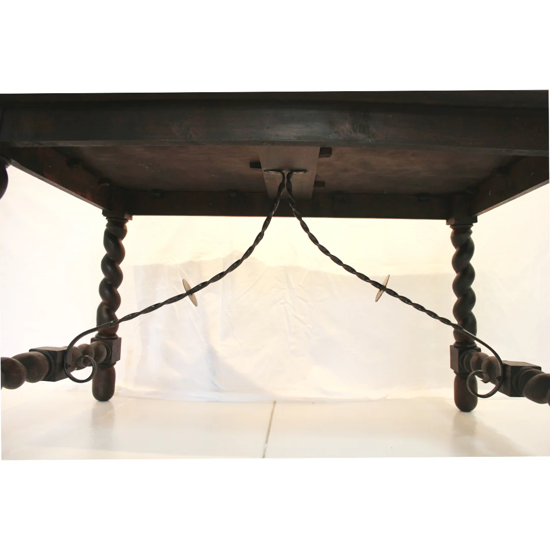 AF1-312: Antique Late 19th Century Spanish Colonial Revival Table with Barley Twist Legs & Iron Stretchers - Image 3
