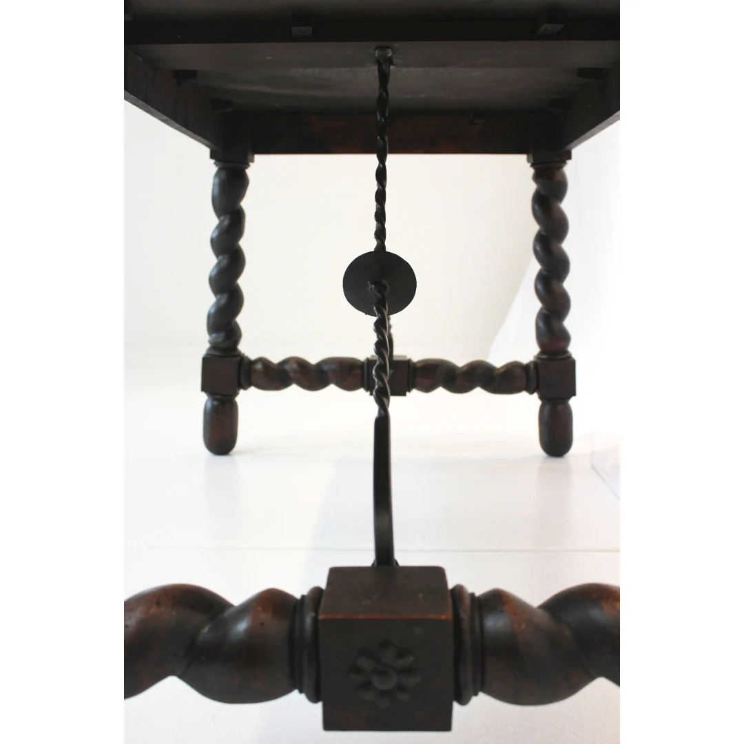 AF1-312: Antique Late 19th Century Spanish Colonial Revival Table with Barley Twist Legs & Iron Stretchers - Image 4