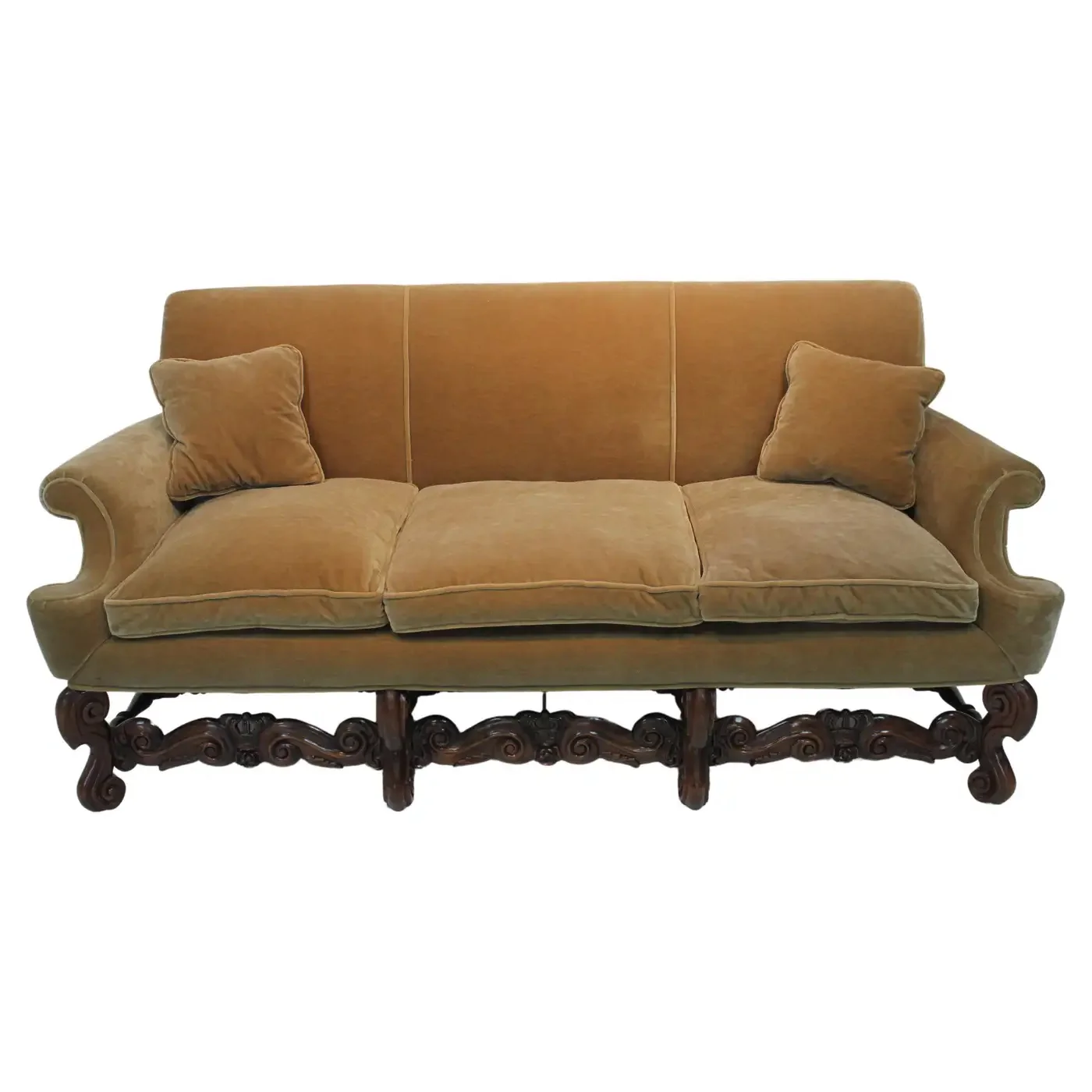 AF2-125: Antique Pair of Early 20th Century Charles II Style Carved Walnut Sofas w/ Mohair Upholstery - Image 6