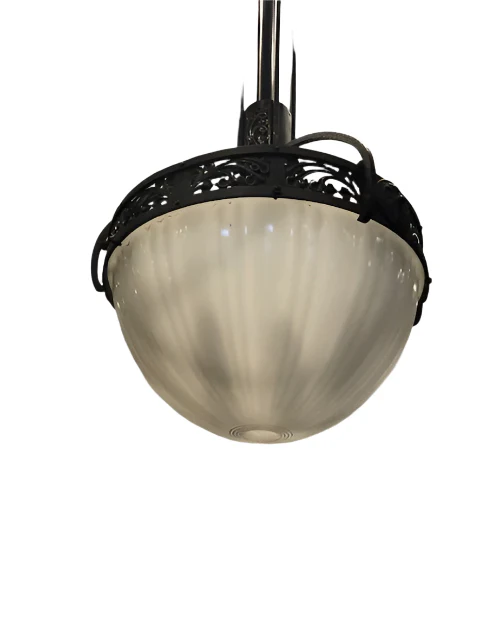 AL1-008: Antique Art Nouveau Milk Glass and Forged Iron Chandelier - Image 7