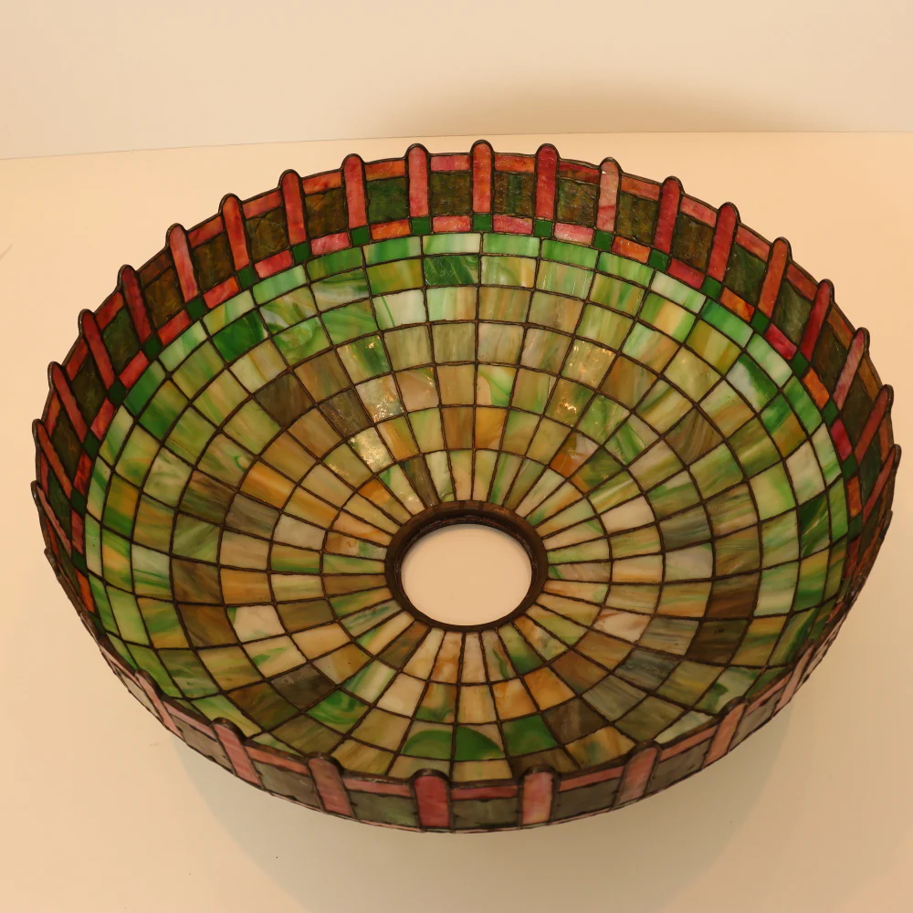 AL2-044: Antique Early 20th Century Arts & Crafts Tiffany Style Bronze Lamp with Leaded and Stained Glass Shade - Image 12